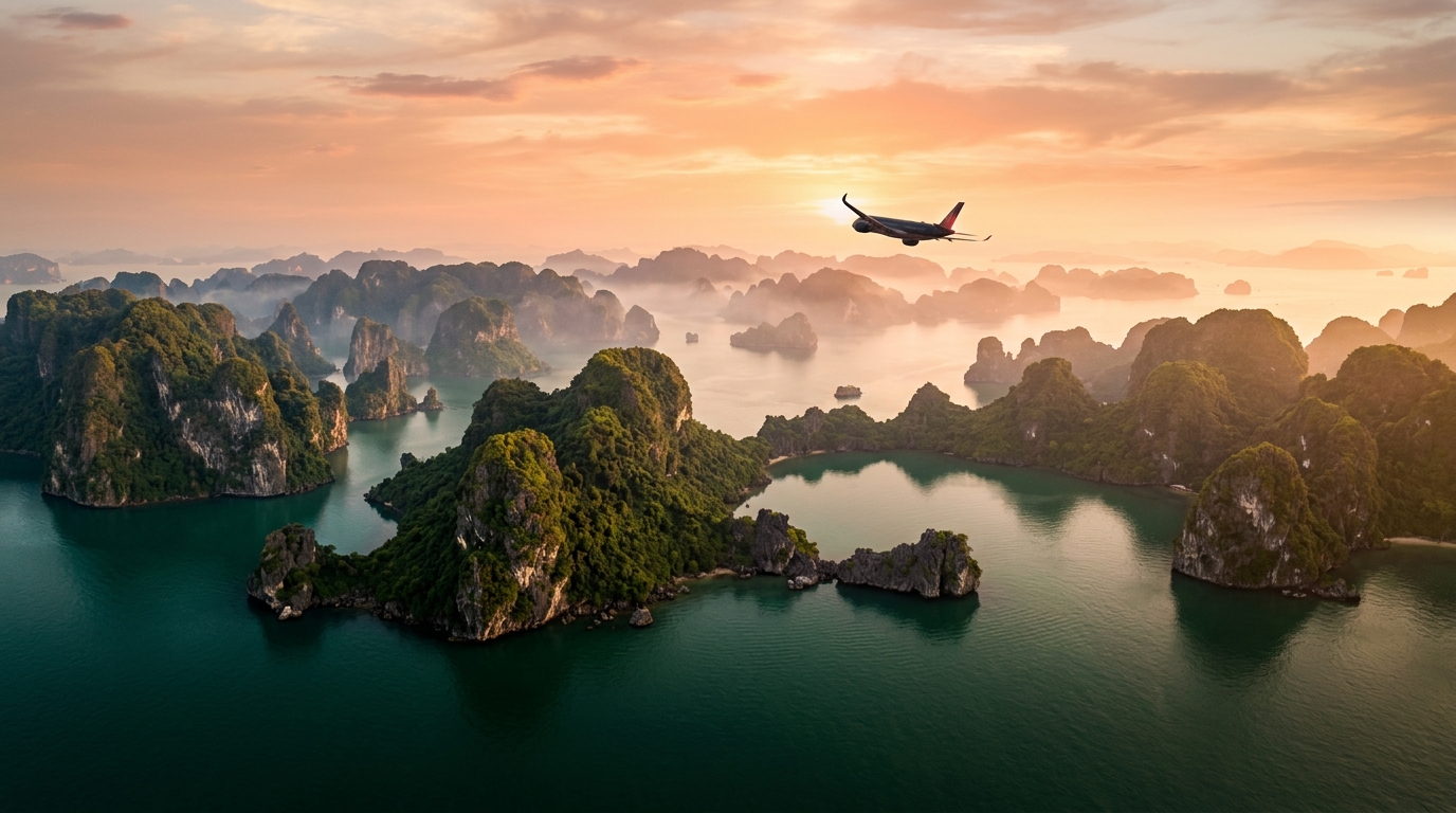 Aerial view of Halong Bay at sunset with a passenger jet