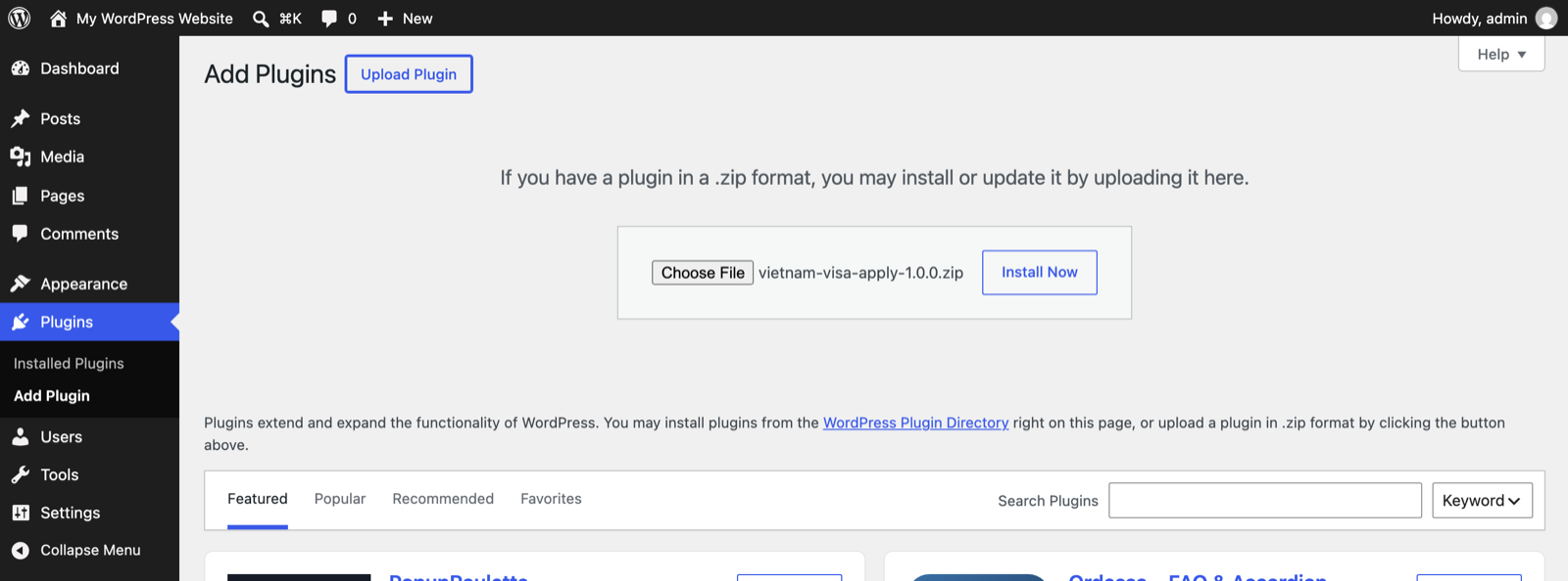 WordPress Add Plugins screen with the Upload Plugin panel open and the plugin zip chosen