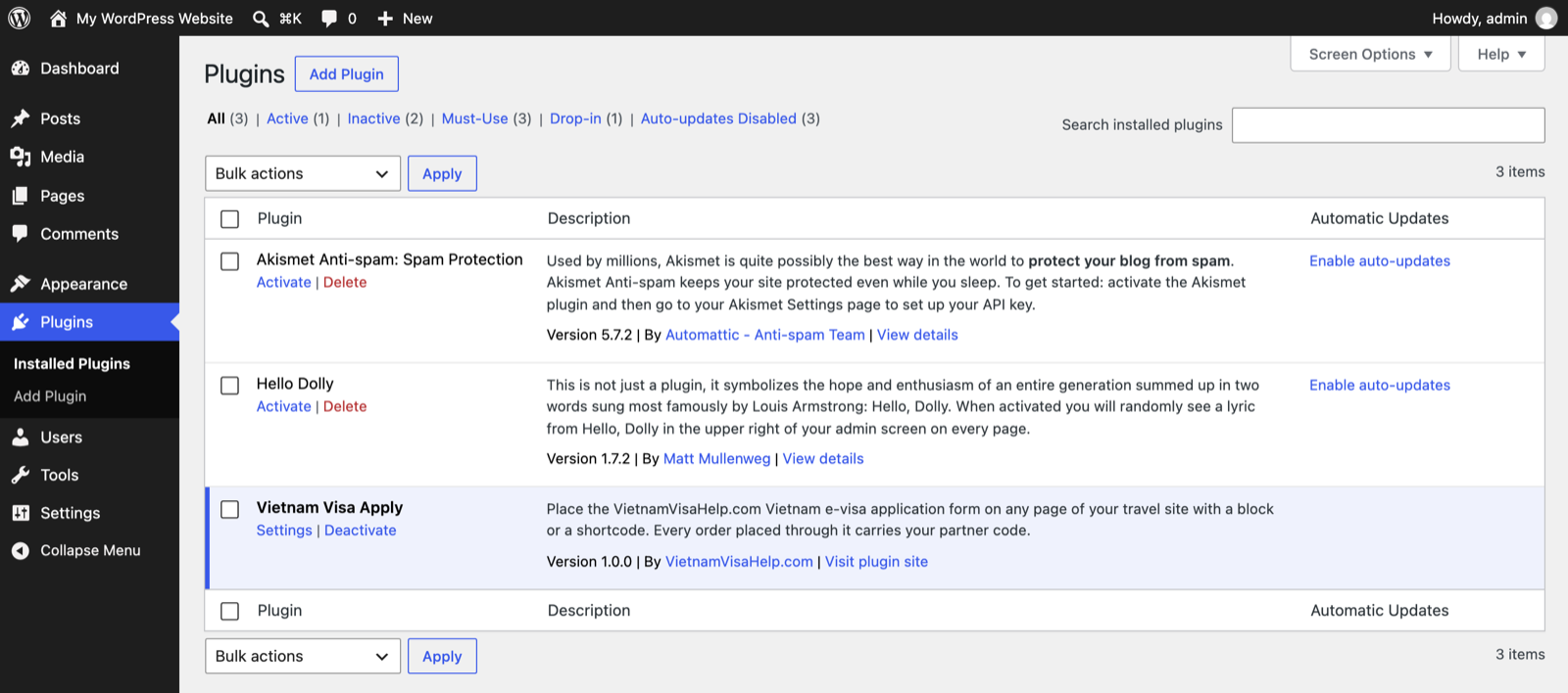The WordPress plugins list showing VietnamVisaHelp Apply active, with a Settings link