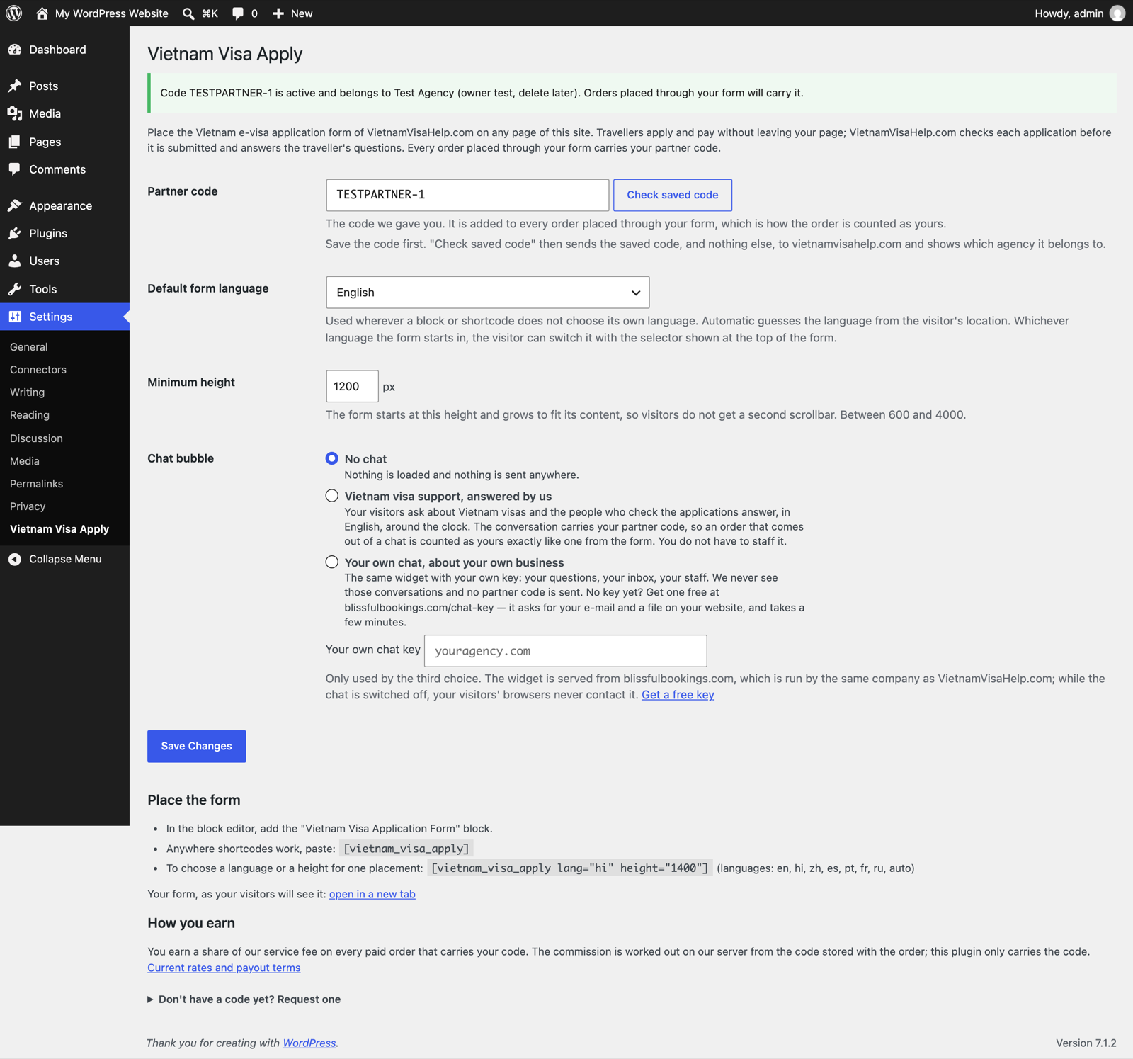 The settings screen after saving a code, with a green notice confirming the code is active and which agency it belongs to