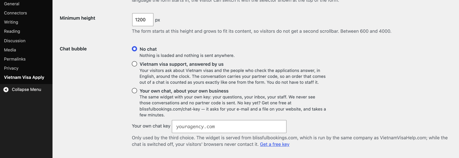 The chat bubble setting with three choices: no chat, Vietnam visa support answered by us, or your own chat