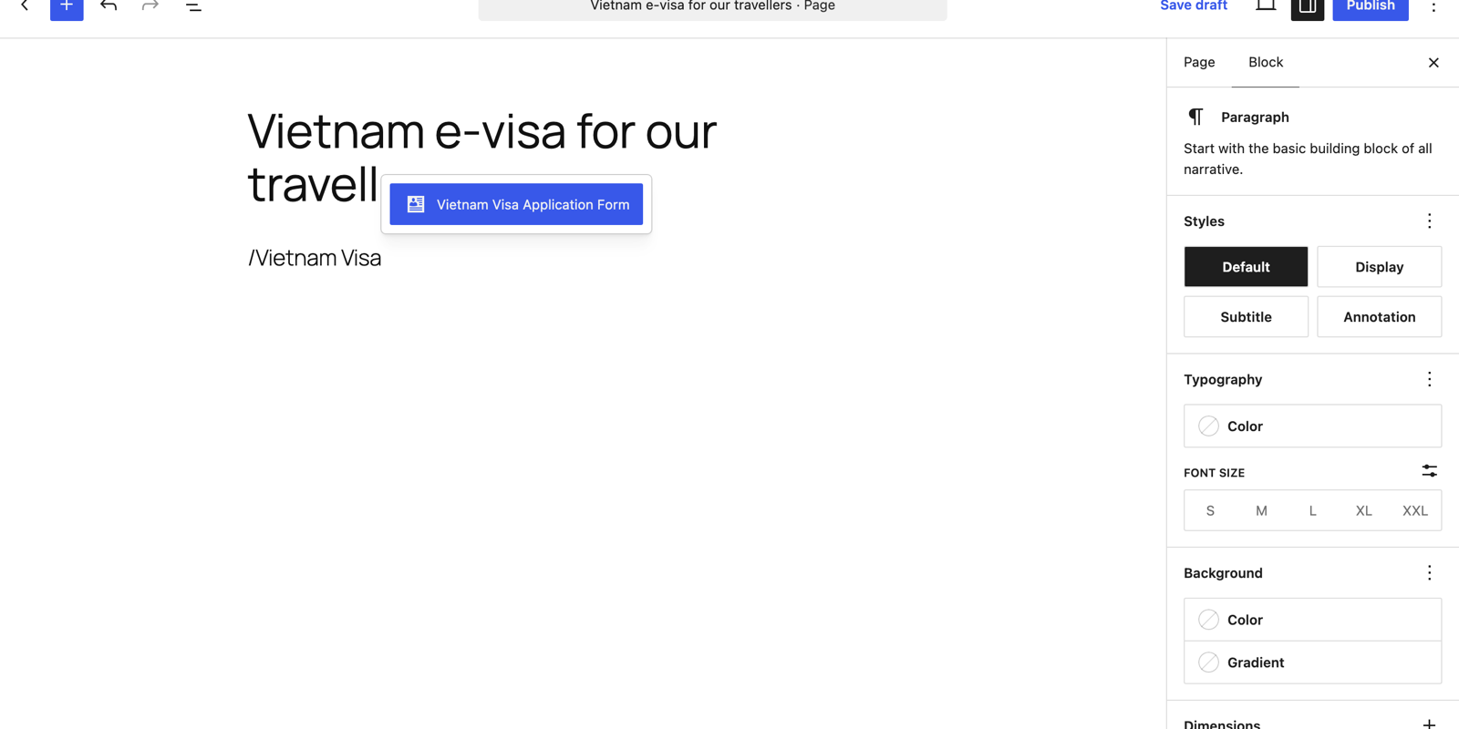 The WordPress block editor showing the Vietnam Visa Application Form block in the slash-command inserter