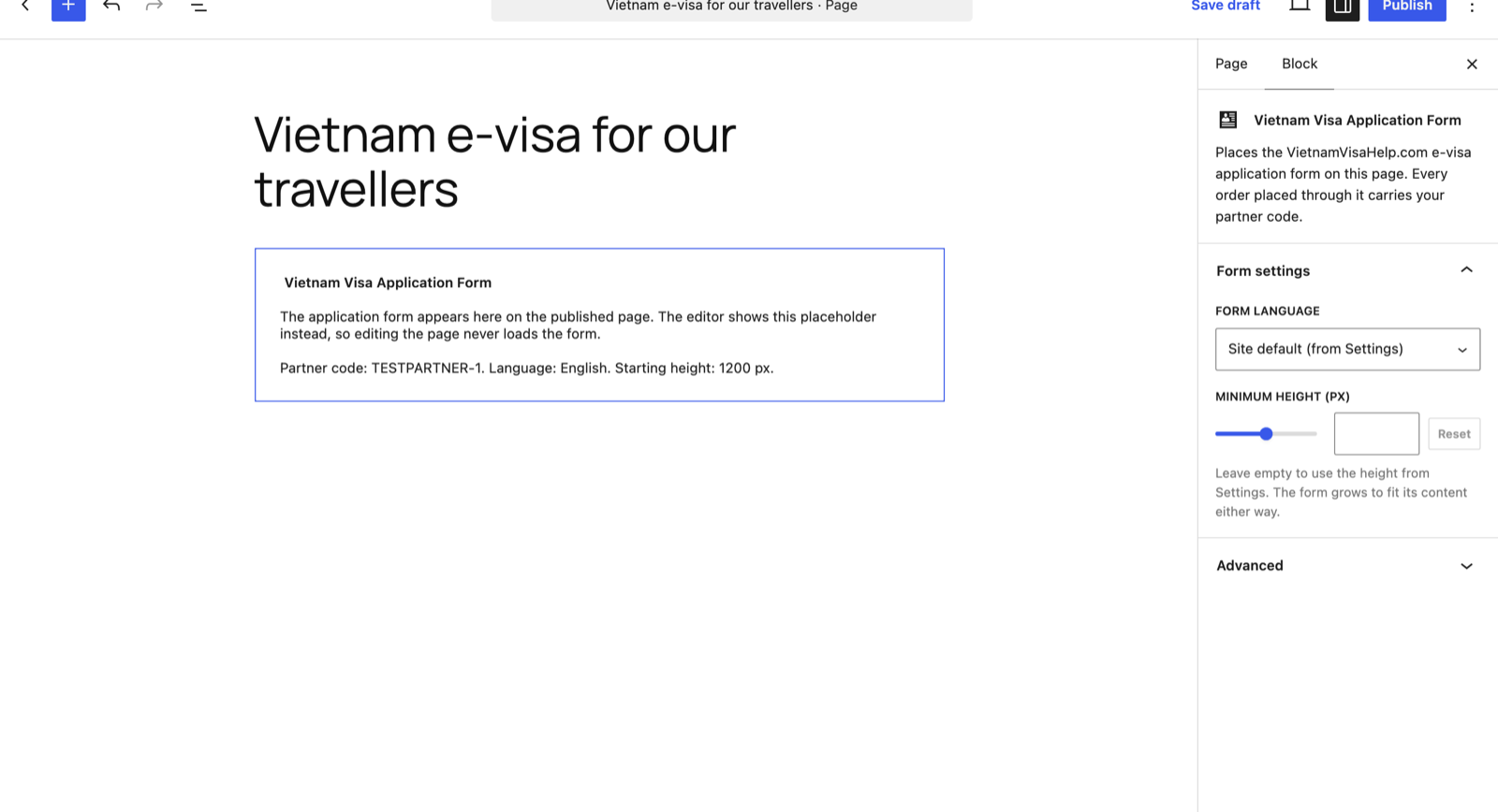 The block placed on a page, showing a placeholder and the block settings sidebar with form language and minimum height