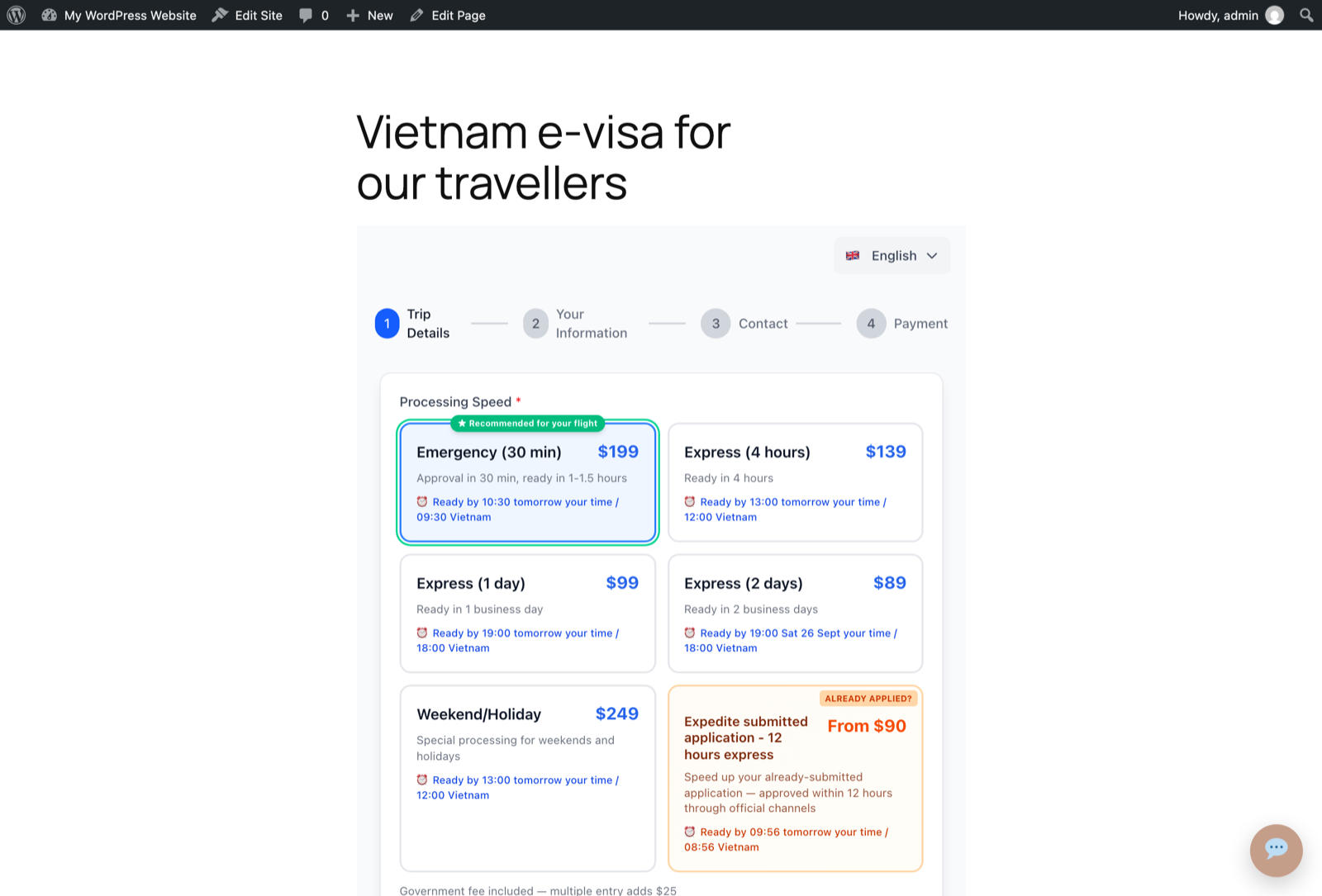The published page showing the Vietnam e-visa application form inside the site's own layout, with a chat bubble in the corner